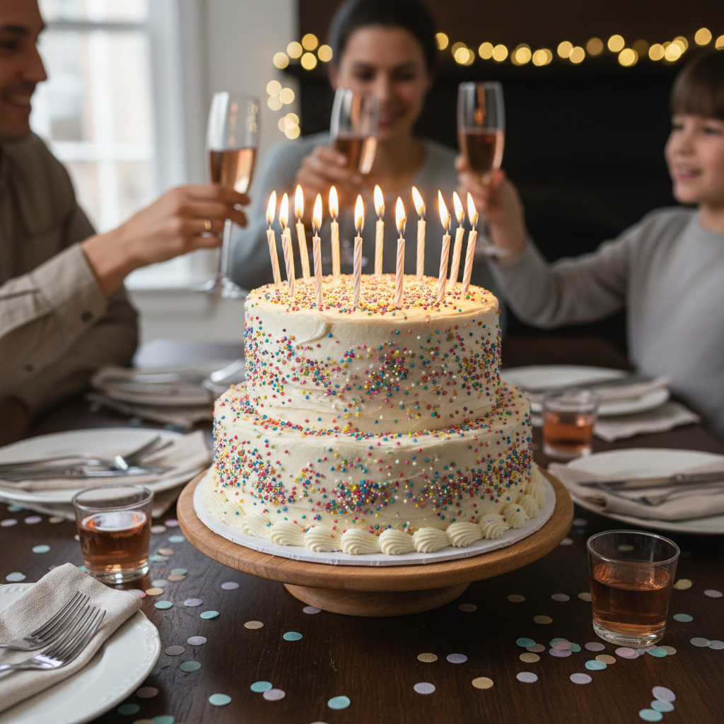 A beautifully decorated birthday cake with lit candles, serving as a centerpiece on a warm, inviting table, ready for celebration.