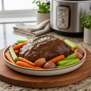 A close-up of a beautifully cooked slow cooker pot roast with tender vegetables and gravy, garnished with fresh herbs, presented on a platter in a warm kitchen.