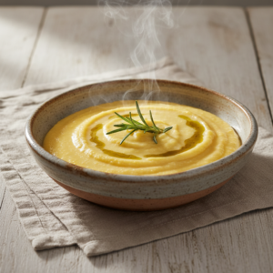 A close-up of a bowl of creamy golden polenta, garnished with a fresh herb and a drizzle of olive oil, on a light background.
