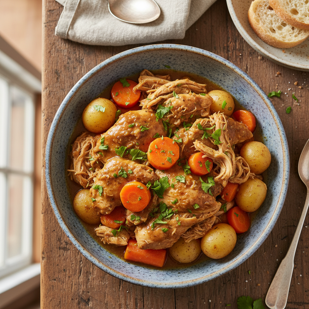 A close-up of a delicious and healthy slow-cooked shredded chicken and vegetable meal in a rustic bowl, garnished with fresh herbs.