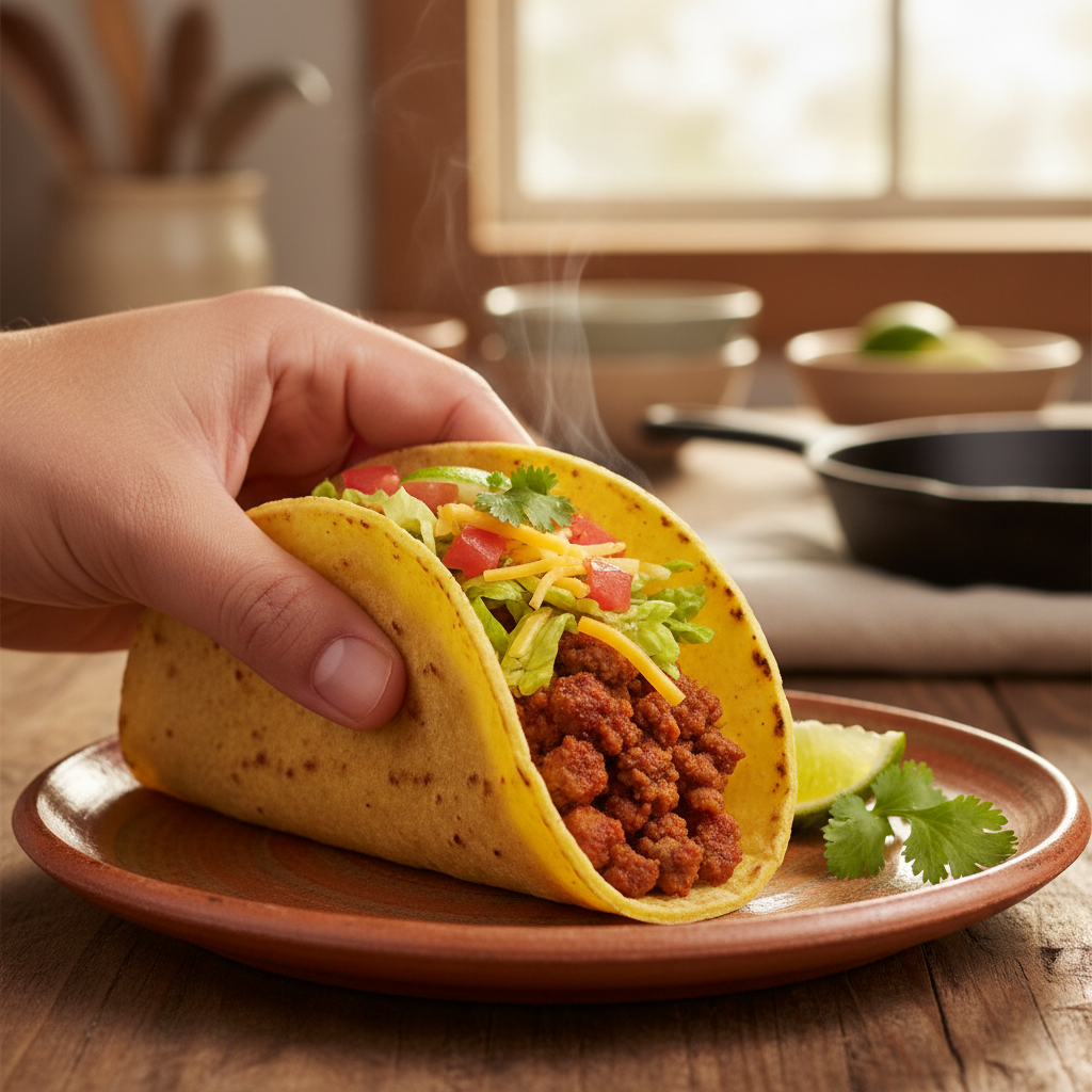 A close-up of a delicious, vibrant beef taco, generously filled with seasoned meat, fresh lettuce, tomatoes, and cheese.