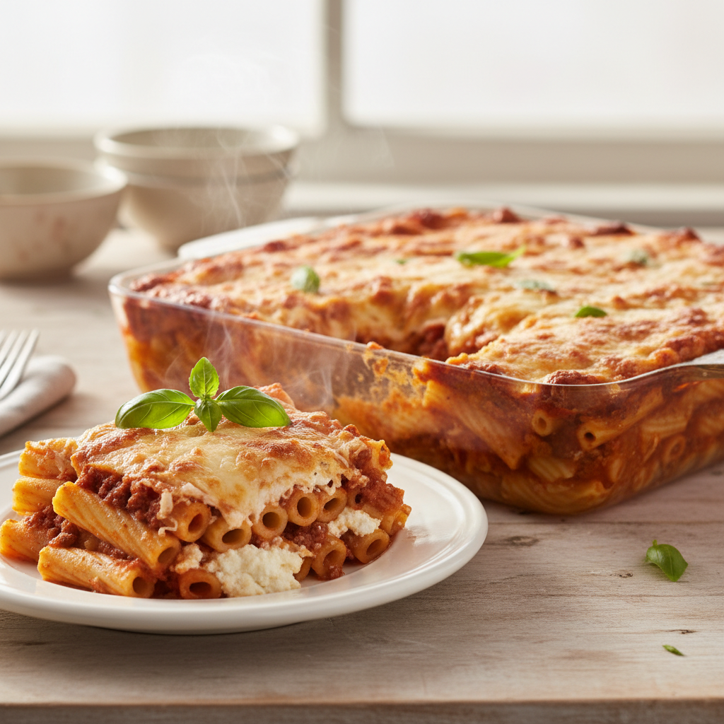 A close-up of a golden-brown baked ziti casserole, with a slice served on a plate, showing the melted cheese and rich sauce.