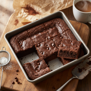A close-up of a pan of warm, fudgy chocolate brownies with a crackly top, some pieces cut and pulled out, showcasing their rich, moist interior on a rustic kitchen surface.