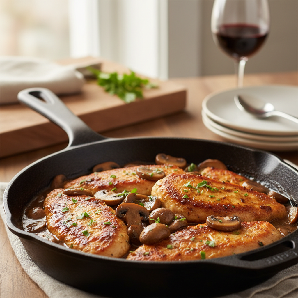 A close-up of a serving dish filled with golden-brown chicken and mushrooms in a rich Marsala sauce, garnished with fresh parsley.