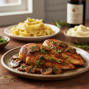A close-up of a serving of golden-brown chicken marsala with a rich mushroom wine sauce, garnished with fresh parsley on a rustic plate.