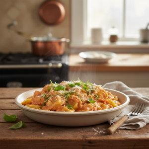 A close-up of a vibrant bowl of creamy tomato tortellini garnished with fresh basil and Parmesan cheese on a rustic wooden table, ready for a family dinner.