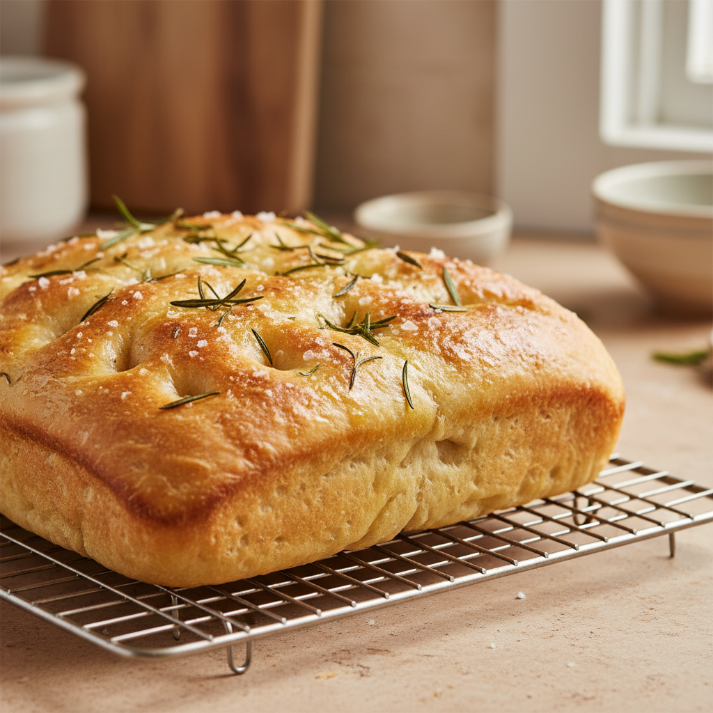 A close-up of a warm, golden-brown focaccia bread, fresh from the oven, with characteristic dimples, olive oil sheen, and rosemary on a cooling rack.