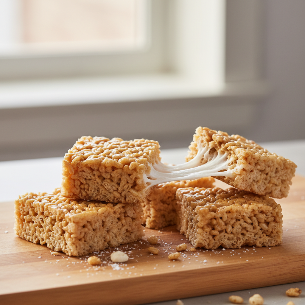 A close-up of several perfectly gooey Rice Krispie Treats, stacked on a plate, with one treat slightly pulled to show its soft, stretchy texture.