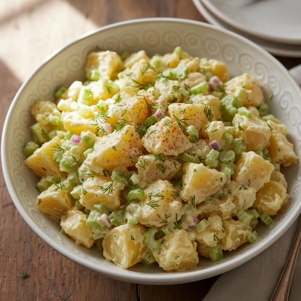 A close-up shot of a beautifully prepared classic creamy potato salad, garnished with fresh dill and paprika in a white ceramic bowl.