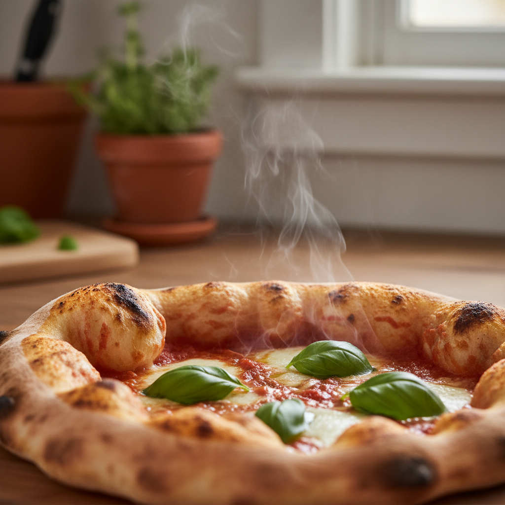 A close-up shot of a perfectly baked pizza crust, golden-brown and bubbly, with a few fresh basil leaves.