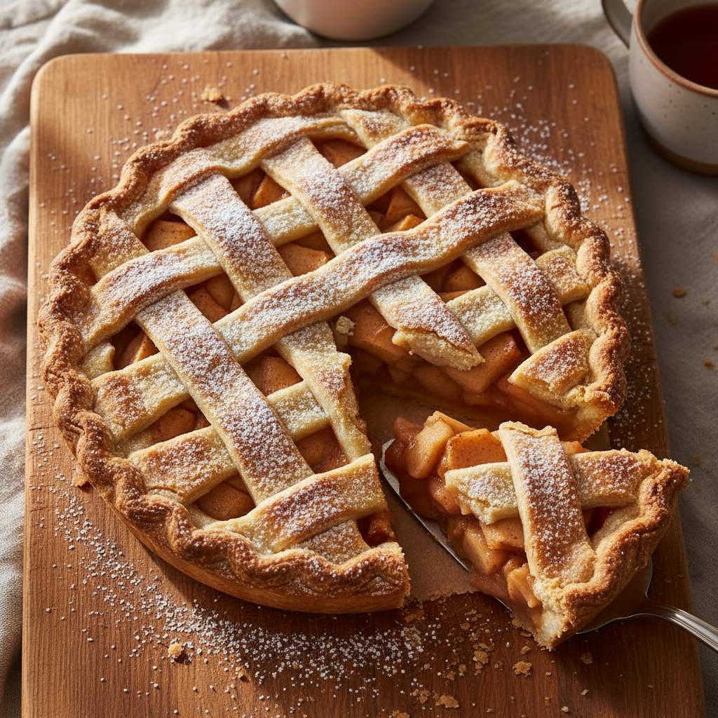 A close-up, top-down shot of a perfectly baked, rustic apple pie with a golden lattice crust, a slice removed to reveal the warm, spiced apple filling.