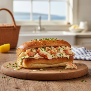 A close-up, top-down view of a perfectly toasted lobster roll, brimming with fresh lobster meat and herbs, presented on a simple wooden board.