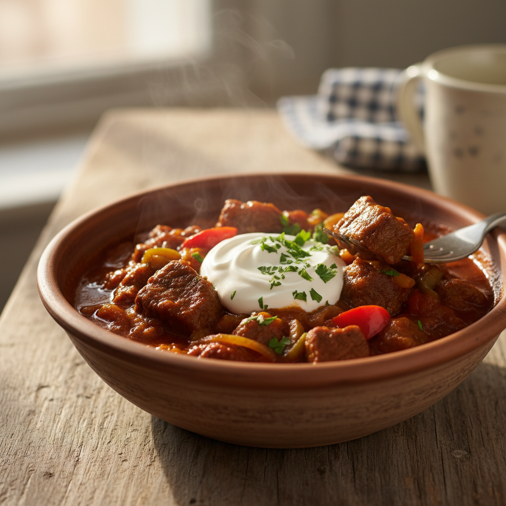 A comforting bowl of homemade beef goulash, garnished with fresh parsley, on a warm wooden table.
