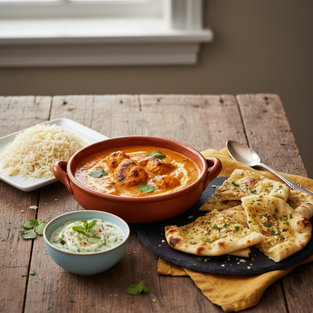 A complete meal featuring butter chicken with basmati rice, garlic naan, and a side of raita on a cozy table.