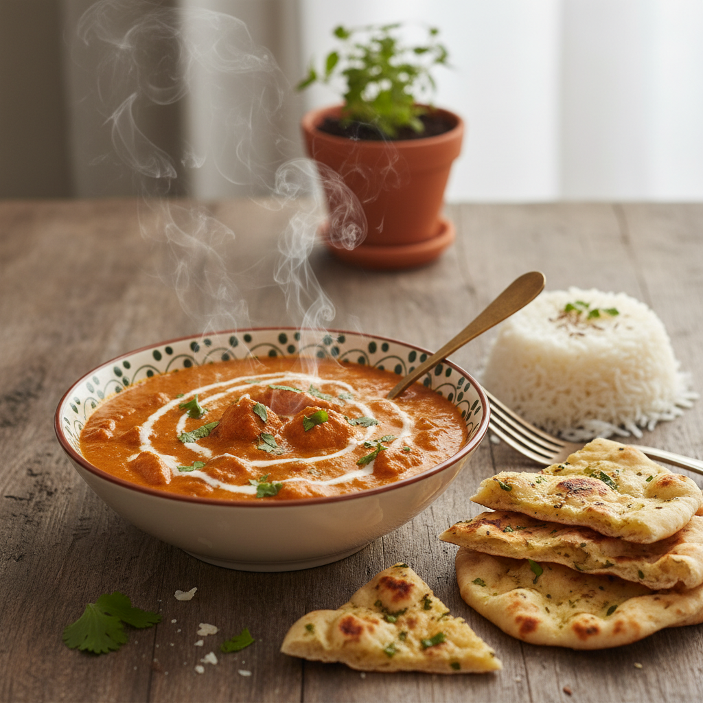 A delectable bowl of homemade butter chicken garnished with fresh cream and cilantro, served with basmati rice and garlic naan on a wooden table.