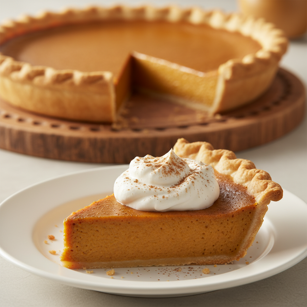 A delectable slice of pumpkin pie topped with whipped cream, presented on a white plate with a blurred whole pie in the background.