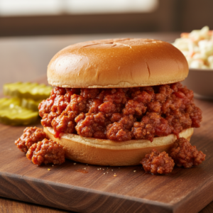 A delicious, messy sloppy joe sandwich overflowing with savory ground beef on a toasted bun, served with a side of pickles on a rustic wooden board.