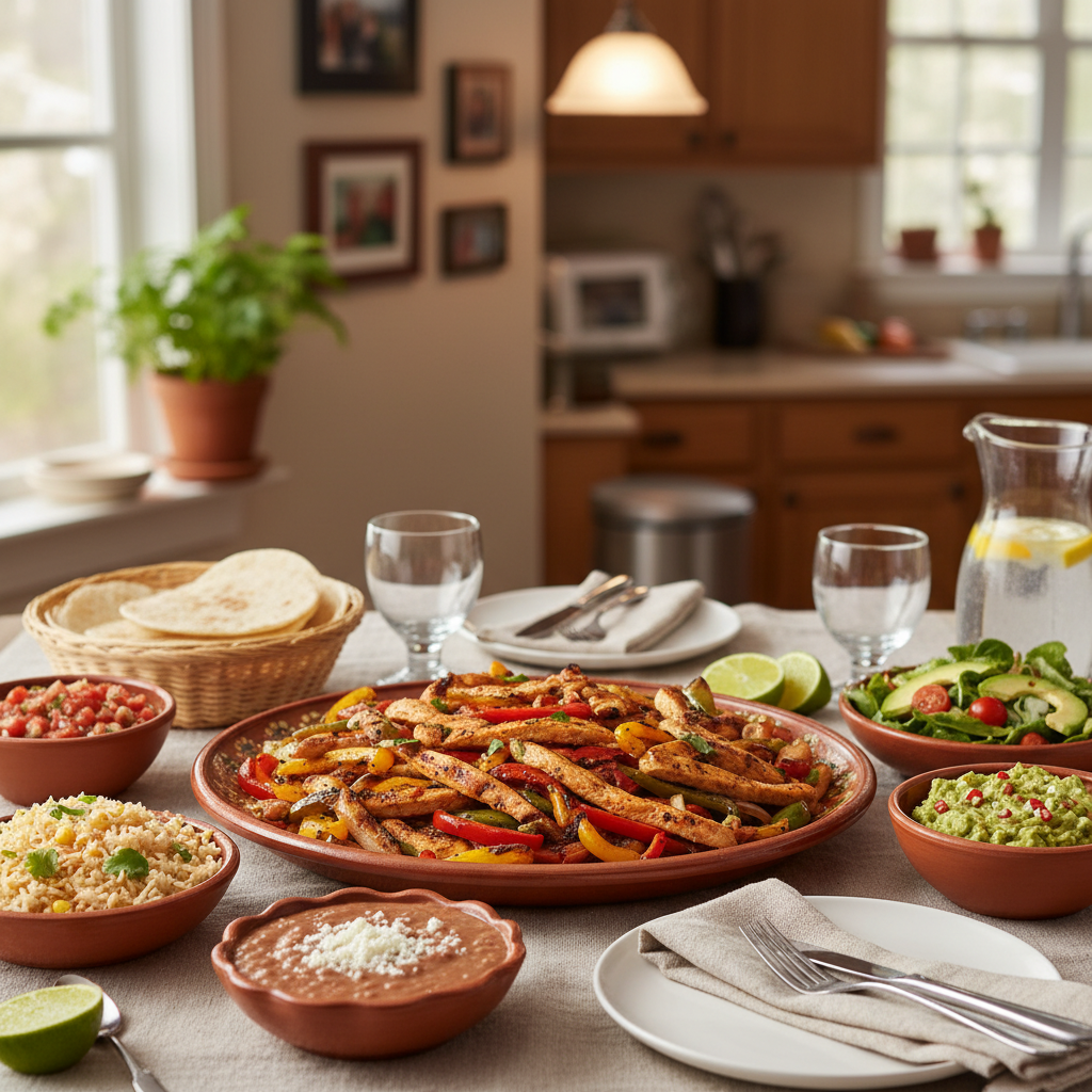 A dinner table spread with a platter of chicken fajitas, alongside bowls of Mexican rice, refried beans, salad, salsa, guacamole, and warm tortillas.