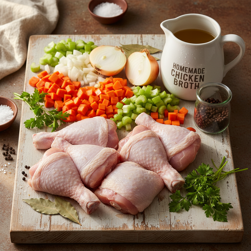 A flat lay of fresh chicken soup ingredients, including raw chicken, chopped carrots, celery, onion, and herbs, arranged on a rustic wooden surface.