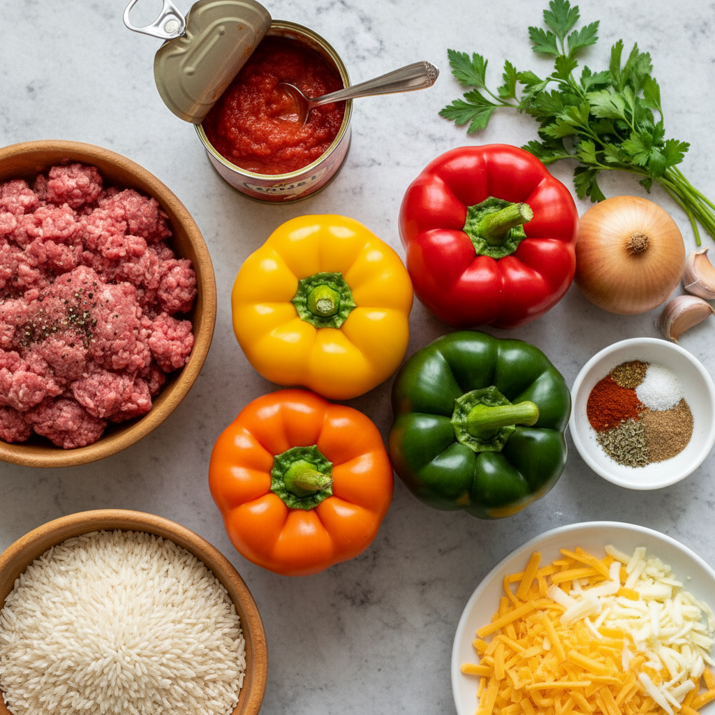 A flat lay of fresh, colorful ingredients for classic stuffed peppers, including bell peppers, ground meat, rice, and herbs, arranged on a light kitchen counter.