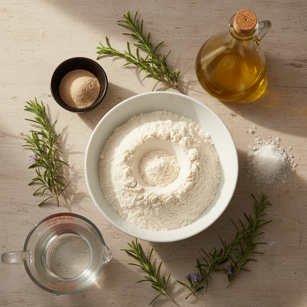 A flat lay photo of focaccia ingredients, including flour, olive oil, yeast, water, and fresh rosemary sprigs, neatly arranged on a light wooden surface.