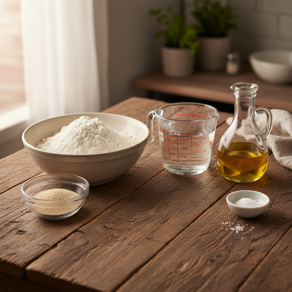 A flat lay photo of pizza dough ingredients including flour, yeast, olive oil, water, and salt on a wooden surface.