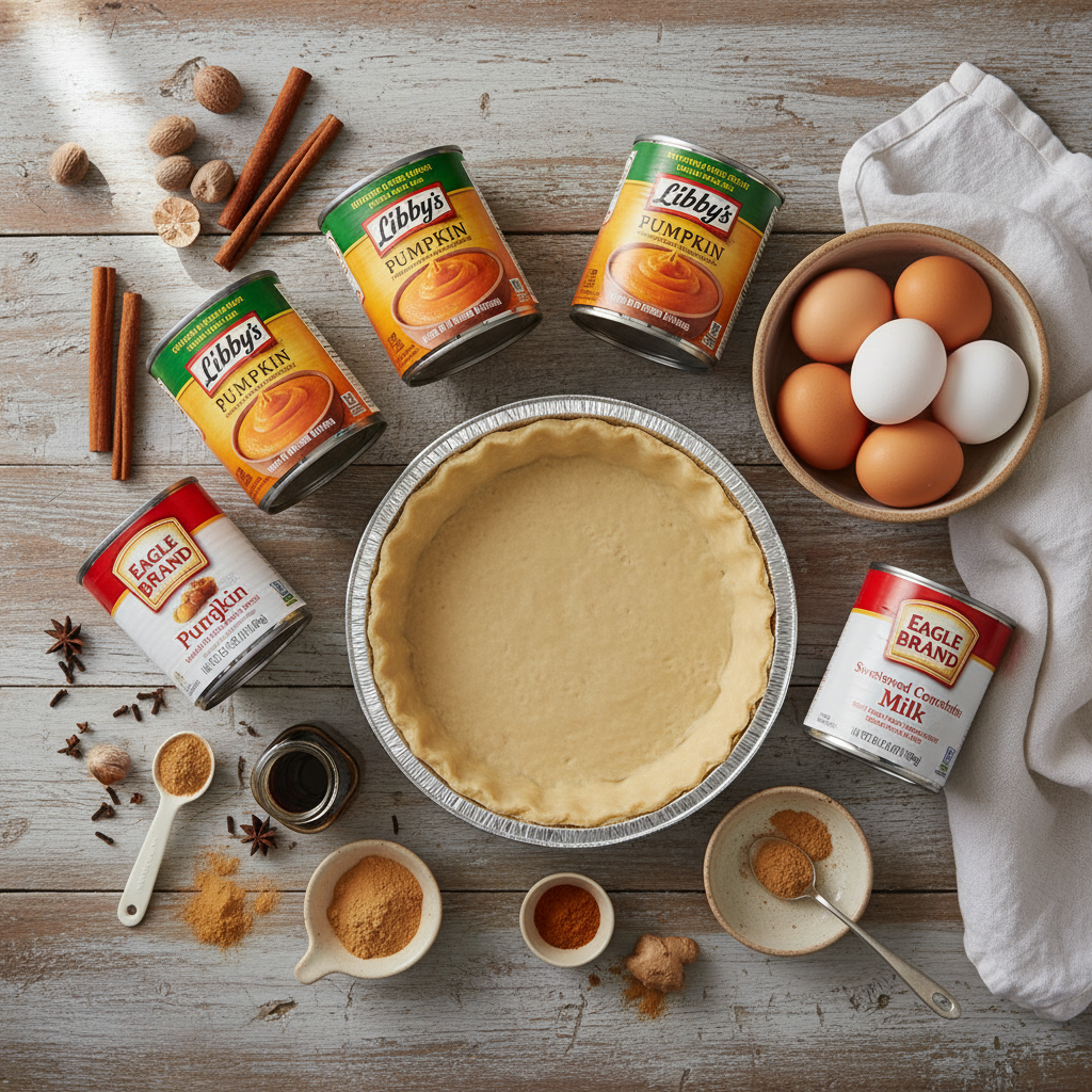 A flat lay photo showing all the fresh ingredients for pumpkin pie, including pumpkin puree, eggs, spices, condensed milk, and a pie crust, neatly arranged on a kitchen surface.