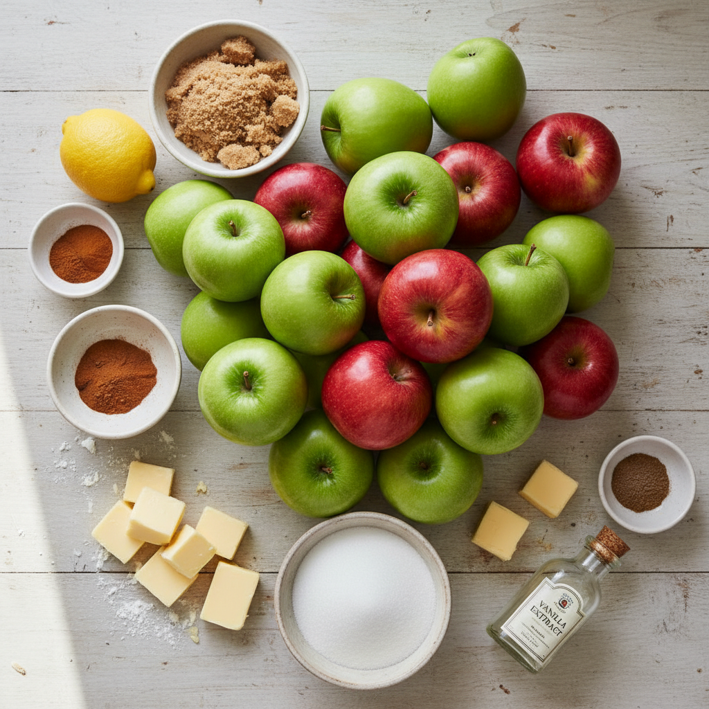 A flat lay photo showing fresh apples, flour, sugar, butter, and spices neatly arranged on a kitchen counter, ready for making apple pie.