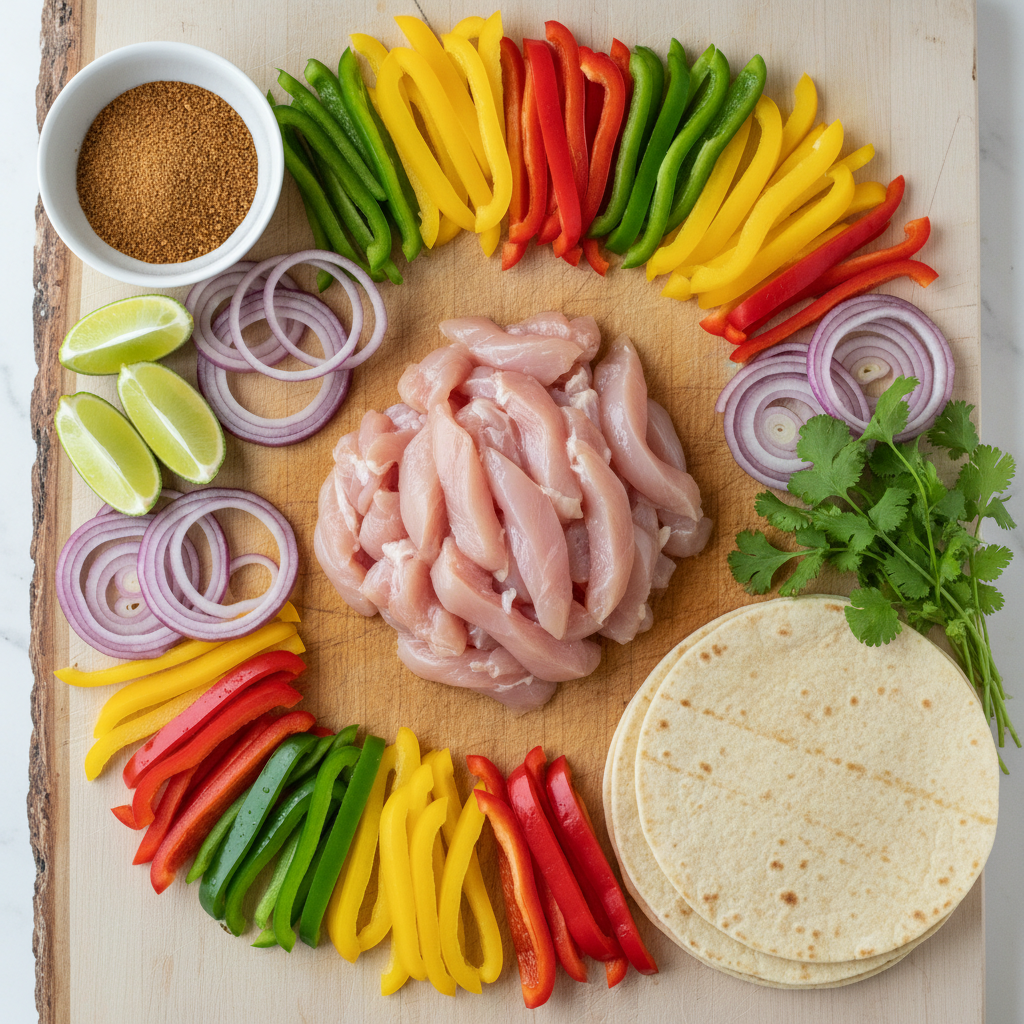 A flat lay photo showing fresh chicken fajita ingredients, including raw chicken, sliced bell peppers, red onion, seasoning, lime, cilantro, and tortillas on a light wooden surface.