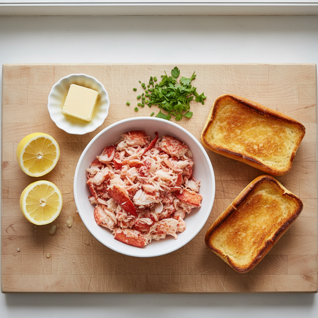A flat lay photo showing fresh lobster meat, toasted brioche buns, melted butter, lemon halves, and green herbs, neatly arranged on a wooden surface.