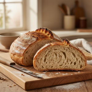A freshly baked, golden-brown sourdough bread loaf with a crusty exterior and an airy, sliced interior, resting on a wooden cutting board in a warm kitchen.