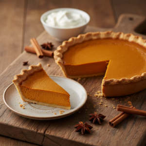 A freshly baked pumpkin pie with a golden crust and a creamy orange filling, a slice removed, garnished with cinnamon sticks and a side of whipped cream.