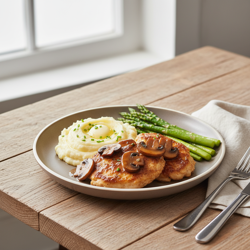 A full plate of Chicken Marsala served with creamy mashed potatoes and bright green asparagus.
