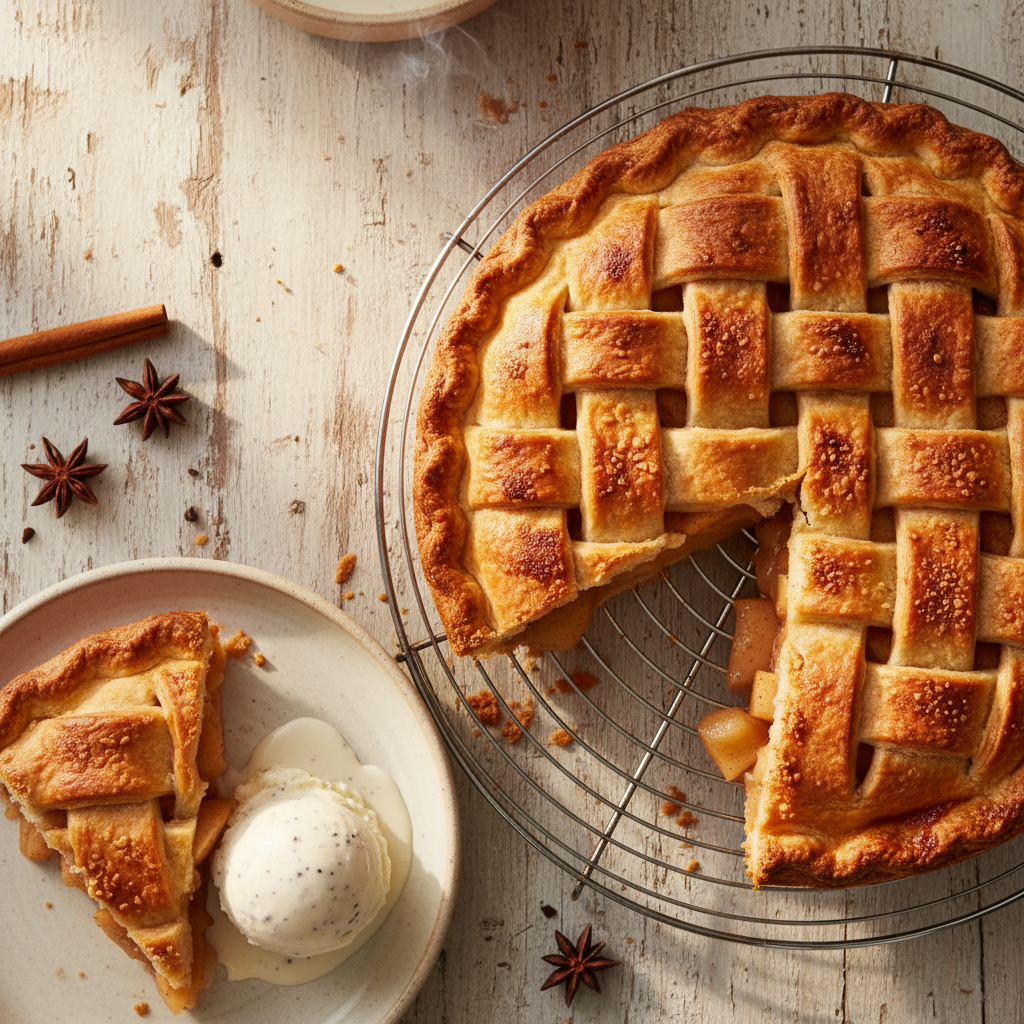 A golden-brown, freshly baked apple pie with a beautiful lattice crust sits on a cooling rack, with one slice cut out revealing the warm apple filling.
