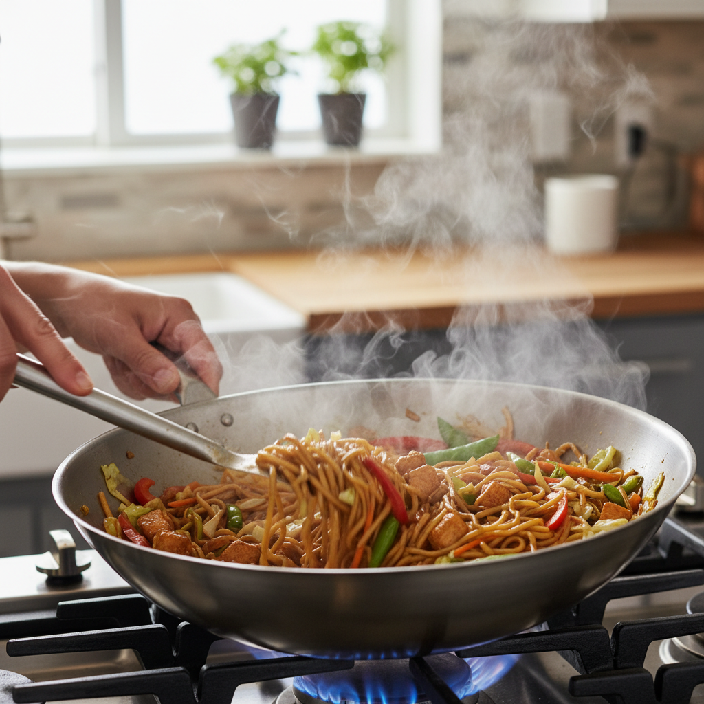 A home cook actively stir-frying chicken chow mein noodles, chicken, and mixed vegetables in a steaming wok on a stovetop.