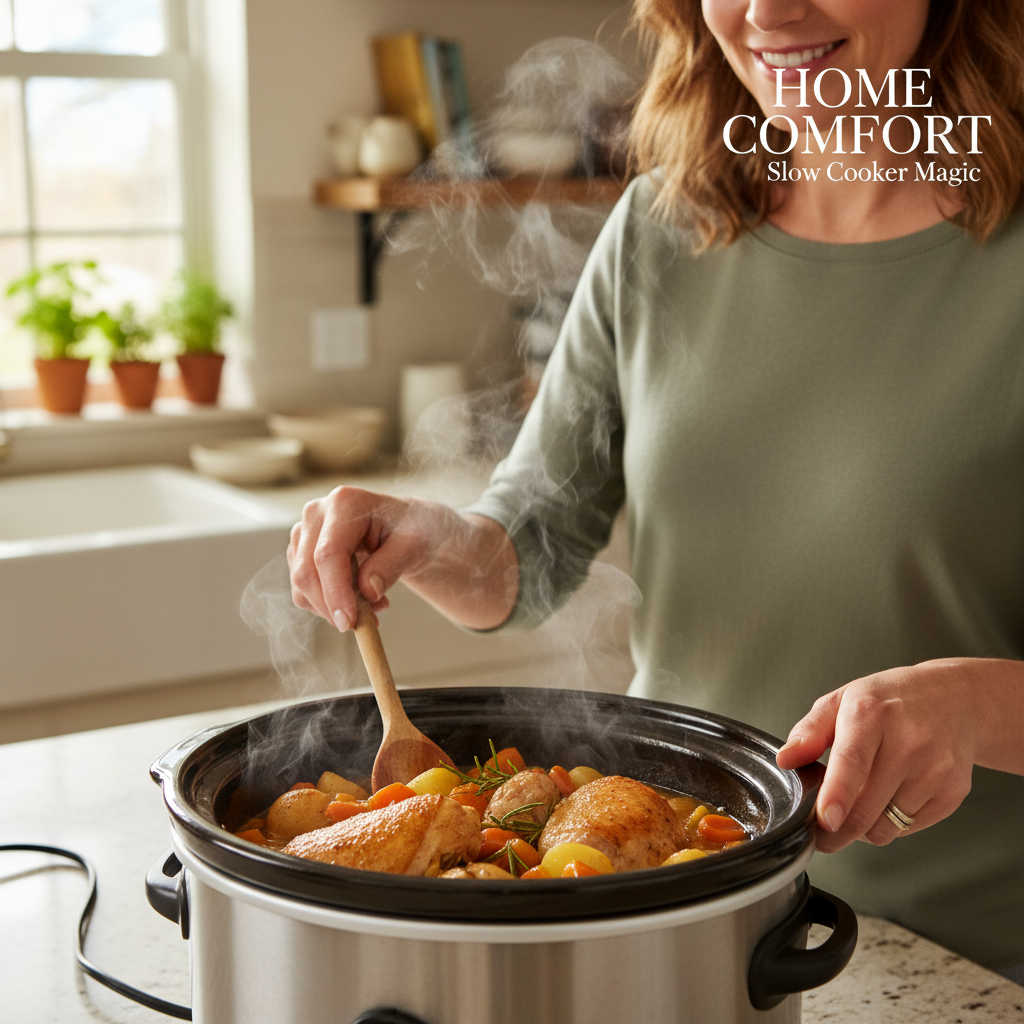 A home cook gently stirring a chicken dish in a slow cooker in a bright kitchen.