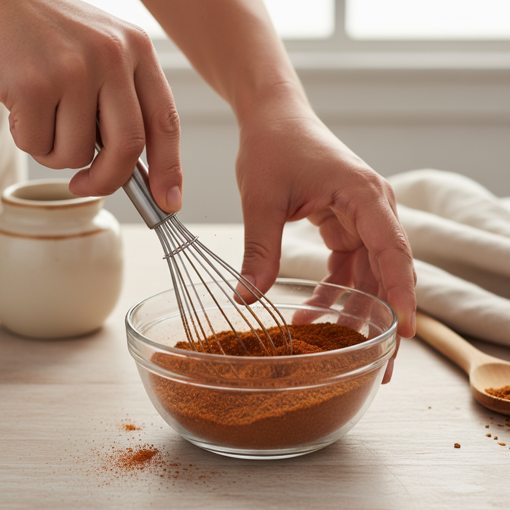 A home cook's hands are shown up close, whisking reddish-brown homemade taco seasoning in a glass bowl.