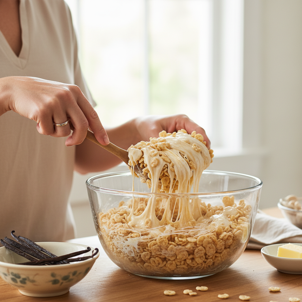 A home cook's hands gently stirring warm, gooey melted marshmallows into Rice Krispies cereal in a large mixing bowl.