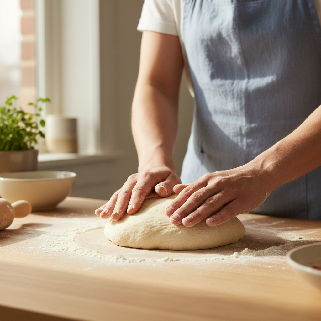 A home cook's hands kneading a smooth, elastic pizza dough on a floured wooden kitchen counter.