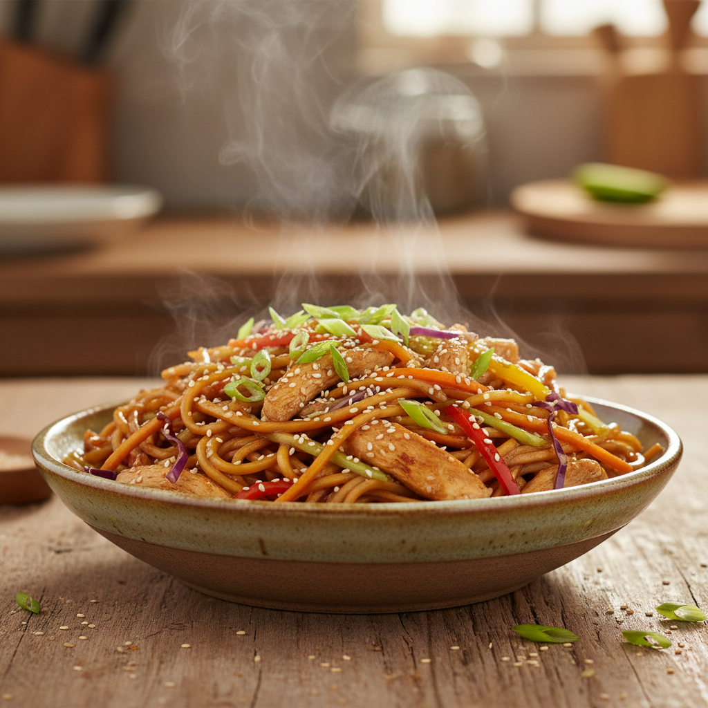 A large bowl of steaming, freshly cooked chicken chow mein with noodles, chicken, and colorful vegetables, garnished with green onions.
