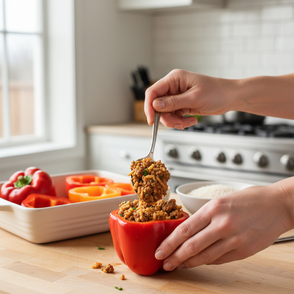 A pair of hands in a home kitchen carefully filling a halved red bell pepper with a seasoned meat and rice mixture.