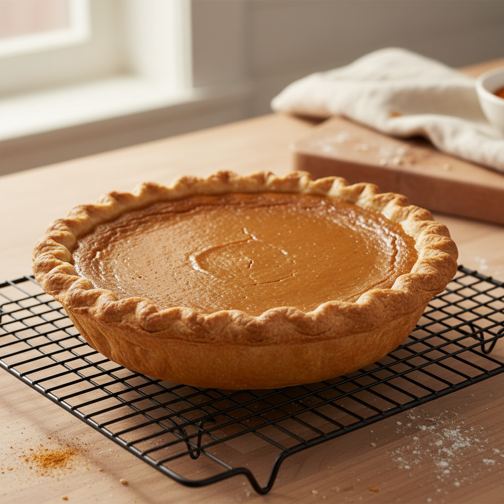 A perfectly baked, golden-brown pumpkin pie with a flaky crust, cooling on a wire rack on a kitchen counter.