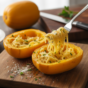 A perfectly cooked spaghetti squash, halved and showcasing its golden, spaghetti-like strands being twirled by a fork, on a rustic wooden surface with an uncooked squash in the background.