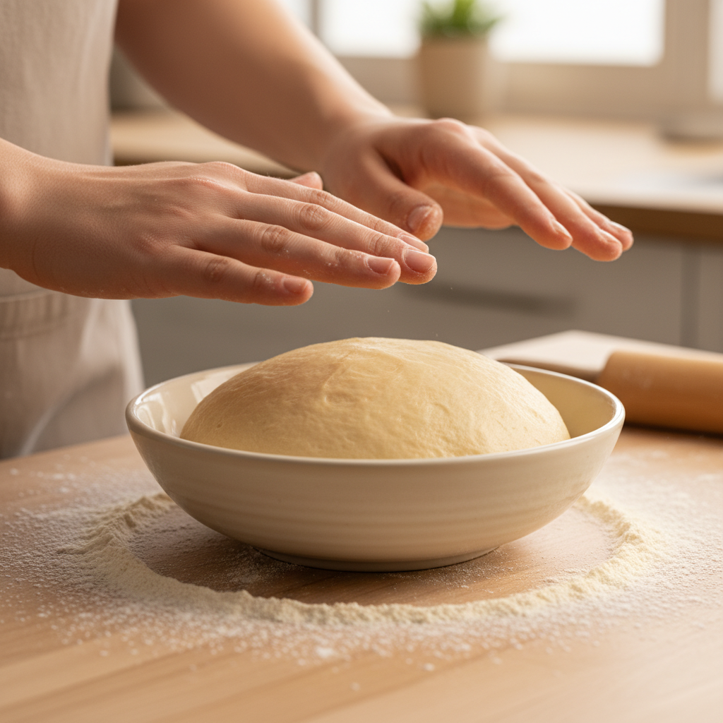 A perfectly risen, smooth pizza dough ball in a rustic ceramic bowl on a floured wooden counter, with hands about to knead it.