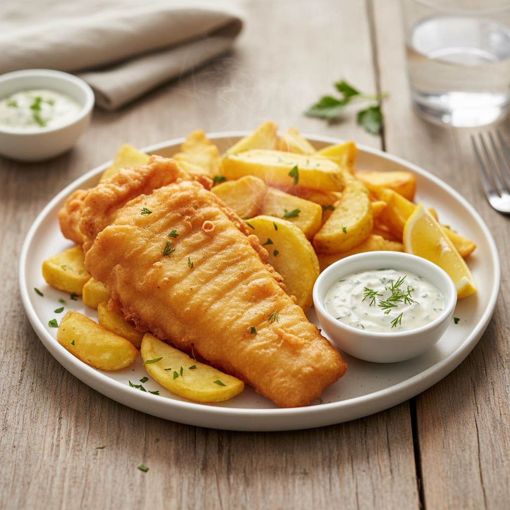 A plate of golden, perfectly crispy fish and thick-cut hot chips, served with tartar sauce and a fresh lemon wedge on a rustic table.