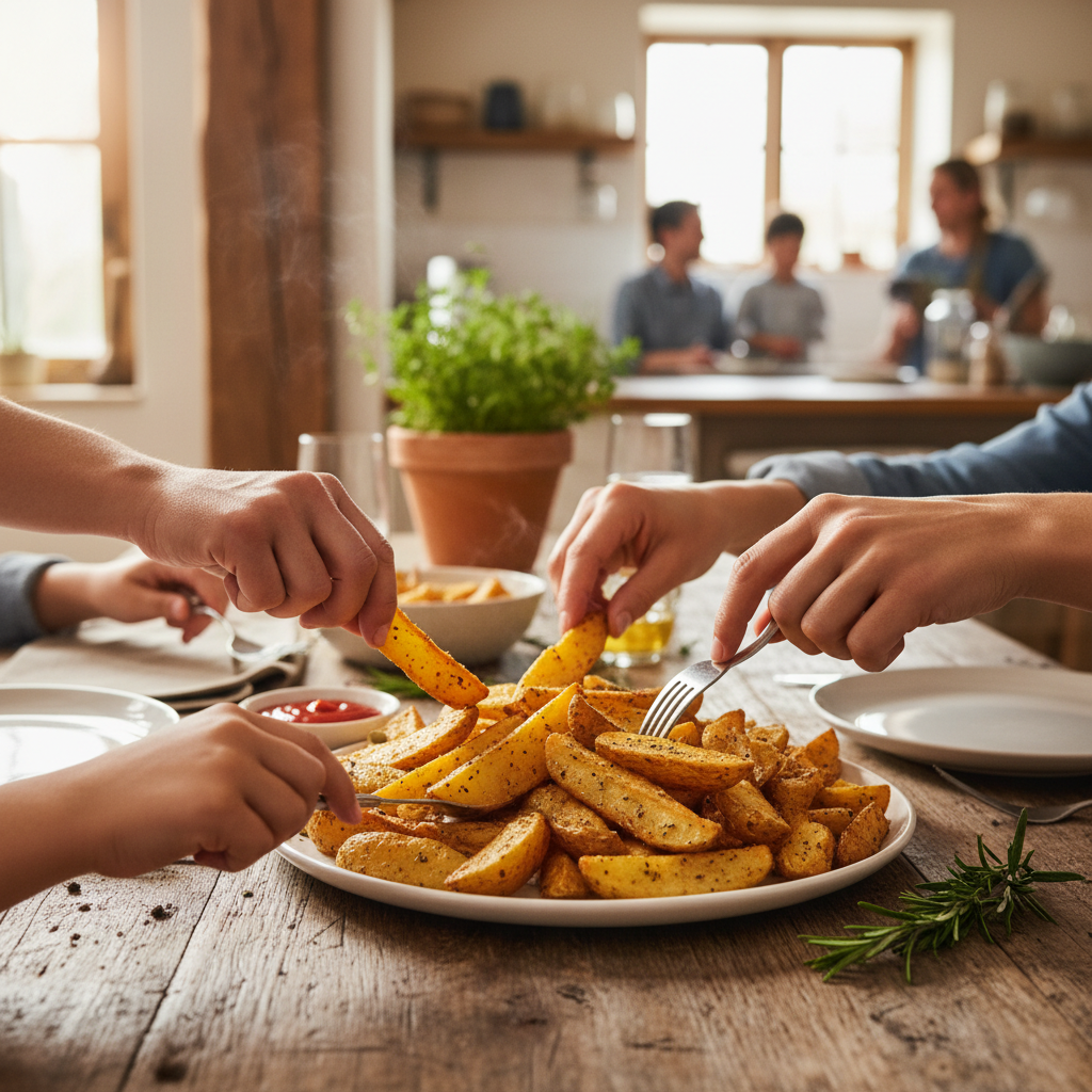A plate of golden potato wedges on a wooden table, with family hands reaching to serve themselves.