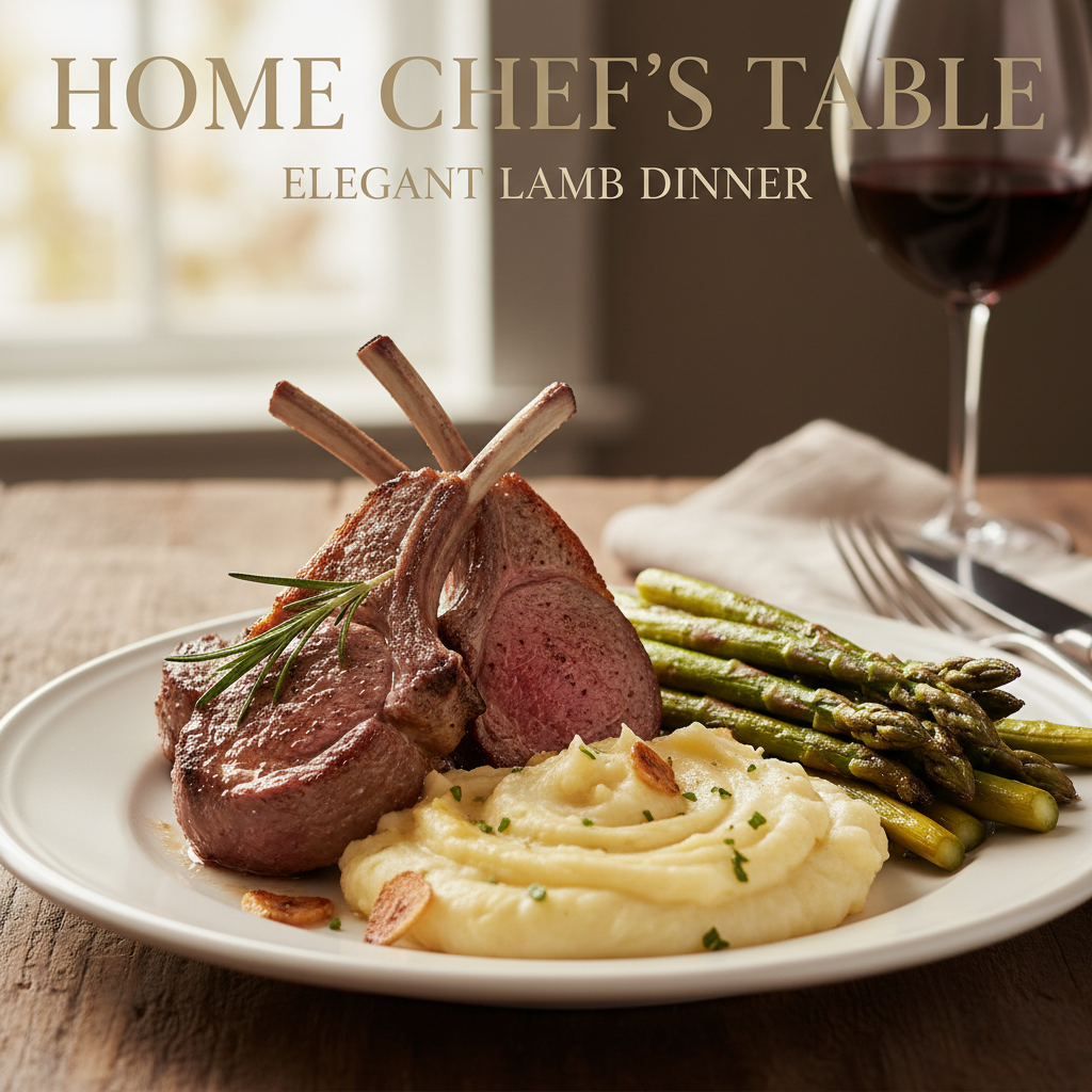 A plated meal of two perfectly cooked lamb chops with roasted asparagus and mashed potatoes, garnished with rosemary.