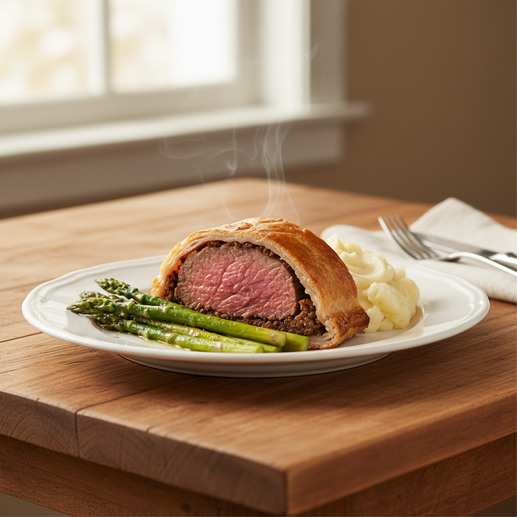A plated slice of Beef Wellington with roasted asparagus and creamy mashed potatoes.