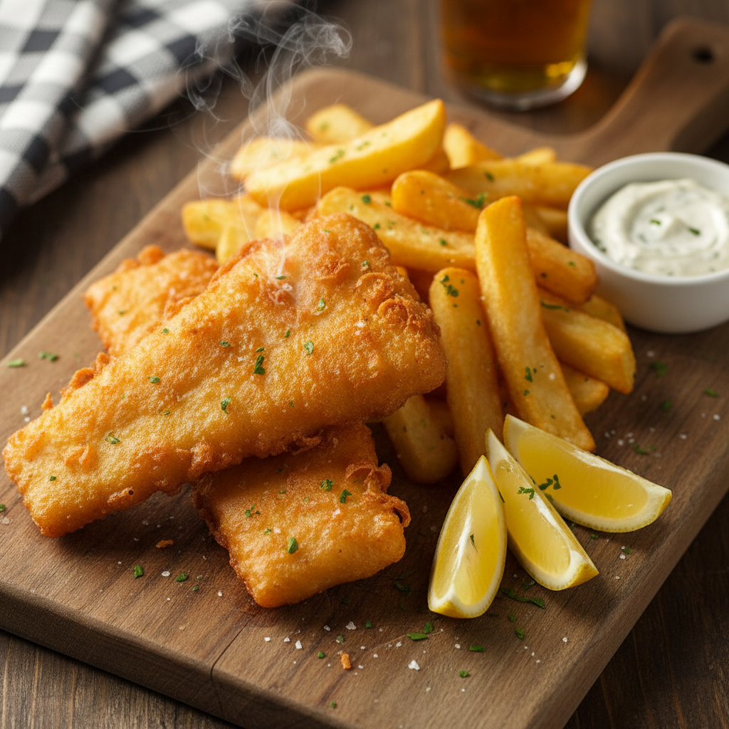 A platter of golden-brown crispy fish fillets and thick-cut chips, garnished with lemon and parsley, with a side of tartar sauce.