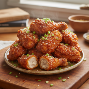 A platter of golden-brown, extra crispy Korean fried chicken pieces coated in a glossy sweet and spicy glaze, garnished with green onions and sesame seeds.